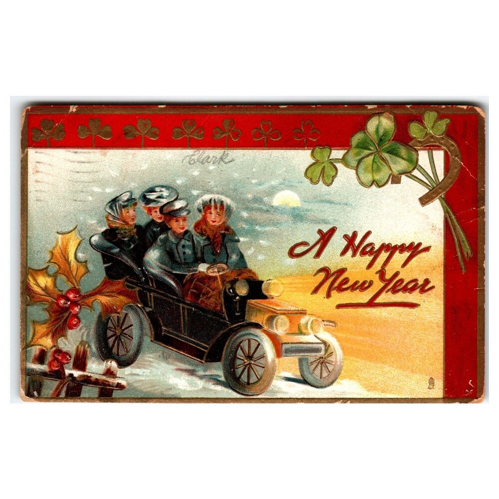 1908 Raphael Tuck New Year Postcard Auto Car Snow Holly Shamrock Embossed